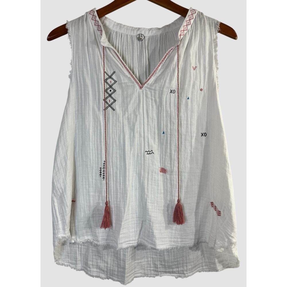 MARGARET O'LEARY Women’s Med White Cotton Embroidered Tank Sleeveless Boho